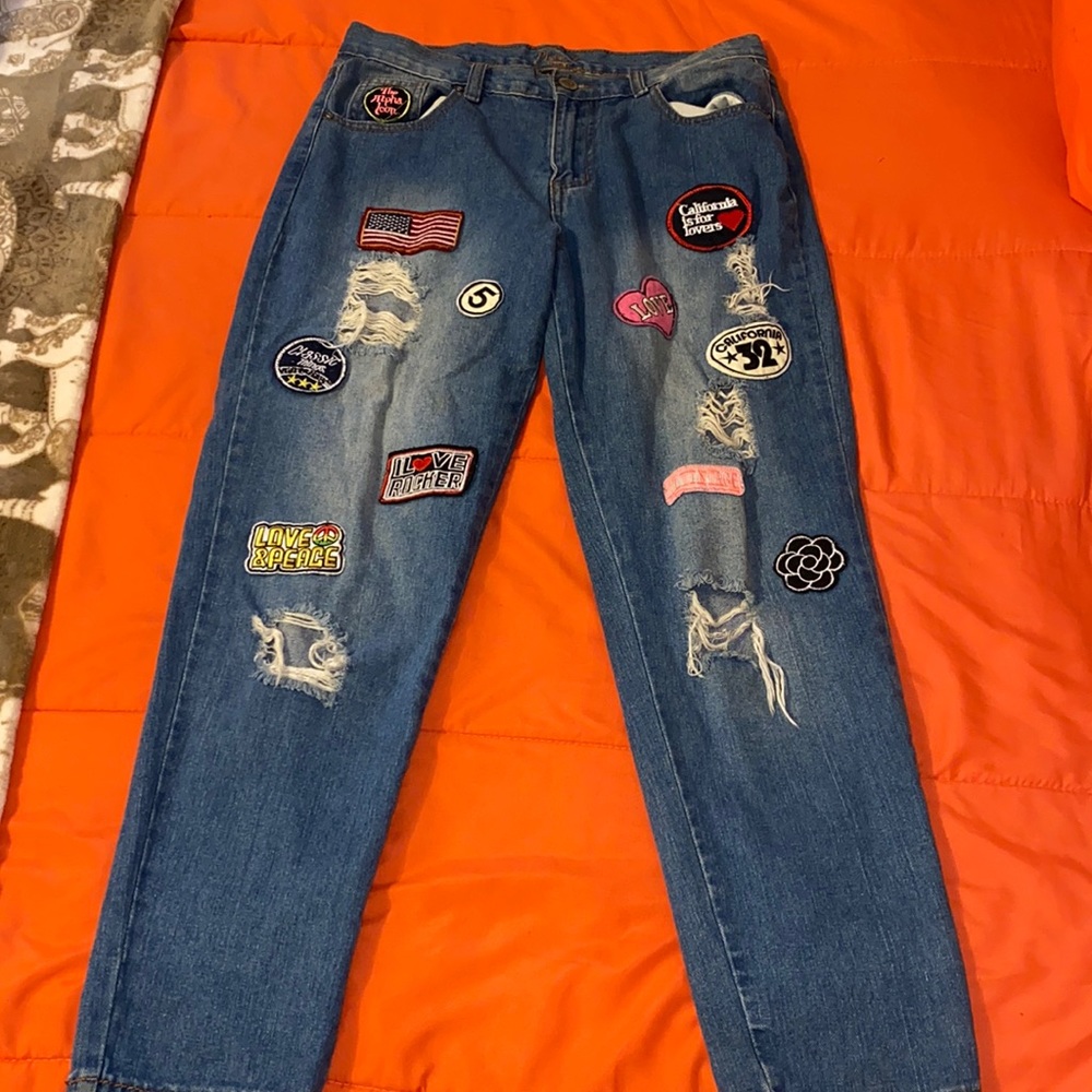 Medium Wash Patchwork distressed jeans